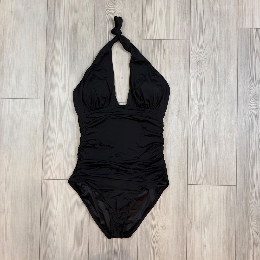 Victorias Secret Black Ruched Halter One Piece Swimsuit Large V-Neck Slimming